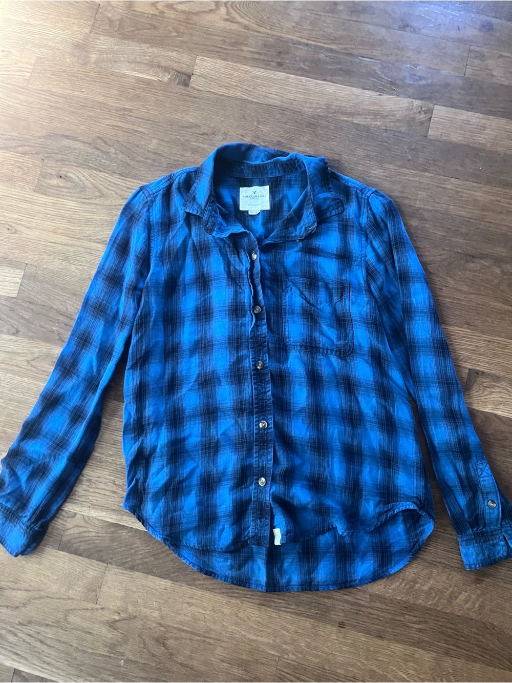 American Eagle Blue & Black Plaid Button-Up Shirt Boyfriend fit XS